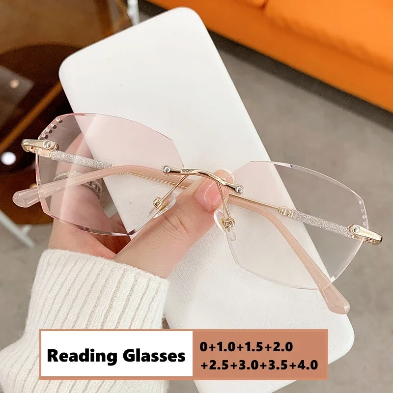 

Women's Luxury Rimless Reading Glasses Fashion Retro Far Sight Diopter Eyeglasses Square Gradient Anti-blue Light Presbyopia