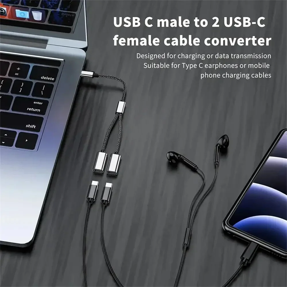 3 in 1 Type C Male To Double USB C Female Splitter Portable USB Y Splitter Cable Type C Hub For U Disk Gaming Handle PD Devices