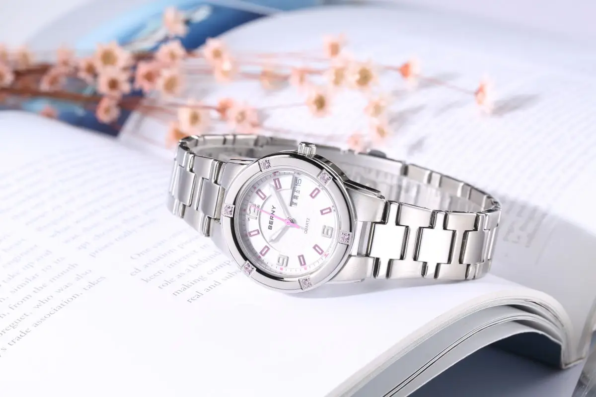 BERNY Damenuhren, leuchtendes Datum, Woche, Kalender, Edelstahl, Quarz, Damen-Armbanduhr, wasserdicht, lässige Damenuhr – Detail 6