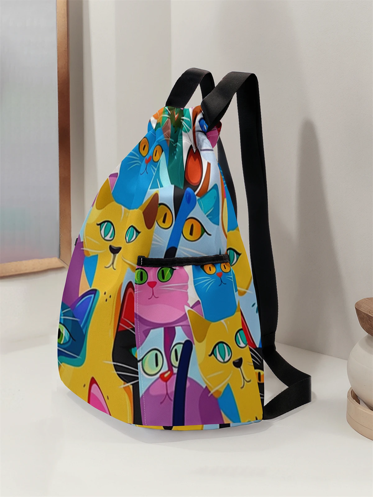 Cute Cat Pattern Printed Drawstring Backpack - Large Capacity Durable Fitness Bag, Sports Beach Backpack