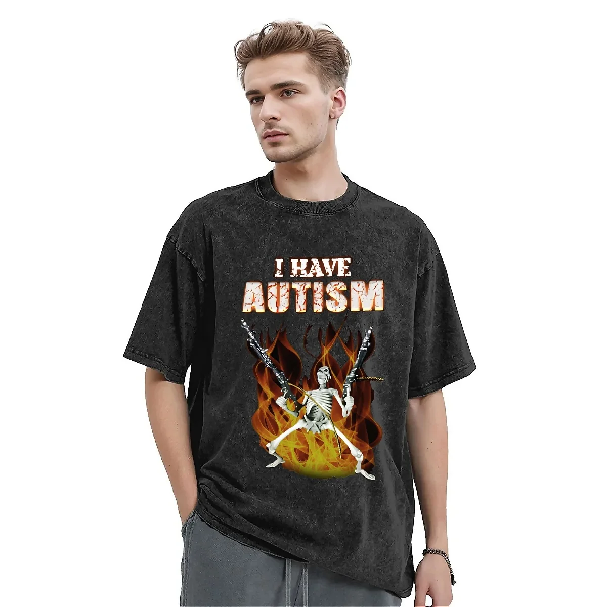 

Футболка мужская в стиле Харадзюку, промытая хлопковая смешная рубашка с принтом скелета и мема, с аутизмом, Y2K, лето