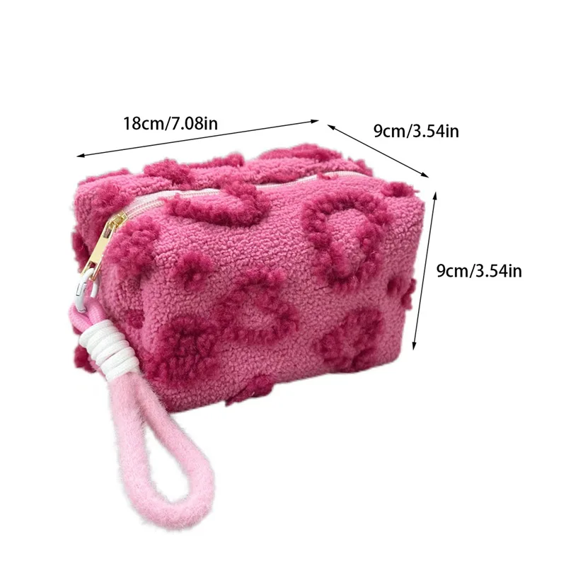 New Pink Red Color Heart Cosmetic Bags with Lanyard Girl Large Capacity Travel Organizer Cute Plush Makeup Bags for Women 6