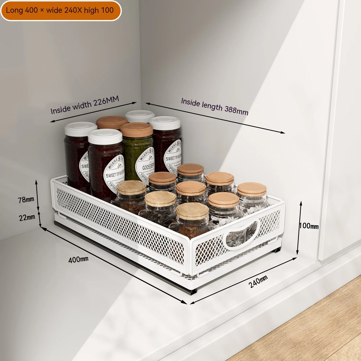 Pull Out Cabinet Drawer Organizer Storage Basket for Closet Fixed