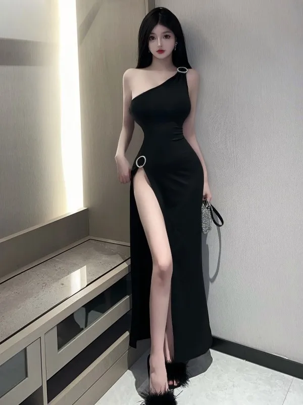 

Fashion Robe Sexy Nightclub Black One Shoulder Spicy Girl Slim Long Dress Elegant High Split Tight Dress Women New S145