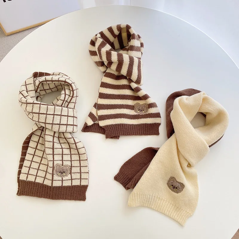 Korean Children Winter Scarf Cute Plaid Striped Bear Knitted Scarves Windproof Warm Boys Girls Neckcheif Kids Neck Warmer