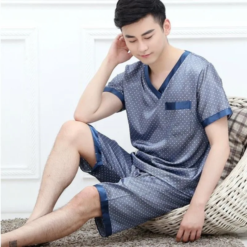 Silk Sleepwear Men Summer Short Sleeve Shorts Pajamas Sets Luxury Brand Nightwear Homewear Loungewear Loose Pajamas Korean