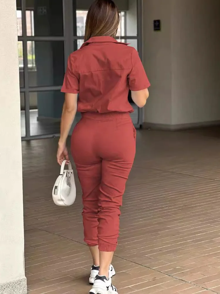 Wmstar Jumpsuit Women Wholesale Casual Fashionable Tight Fitting Short Sleeved Lapel Multi Pocket Elastic Button Fancy Club