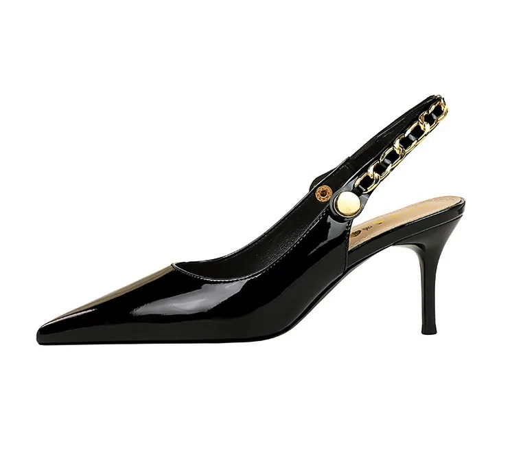 Shoes Metal Chain Women Pumps Patent Leather New Women 7 Cm 9.5 Cm Heels Women Summer Stilettos Sandals High Heels