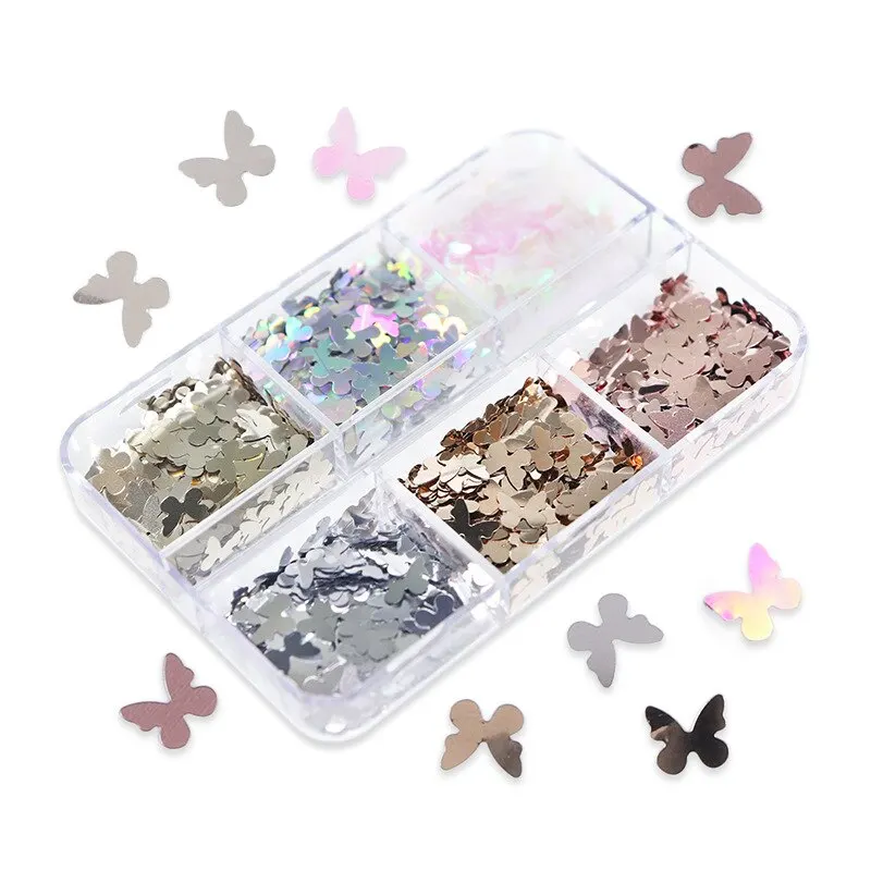 Nail Art Decoration 6 Grids Mixed Nail Art Glitter Snow Butterfly Shiny Fake Nail Decoration Professional Accessories Tool Valentine's Day Christmas