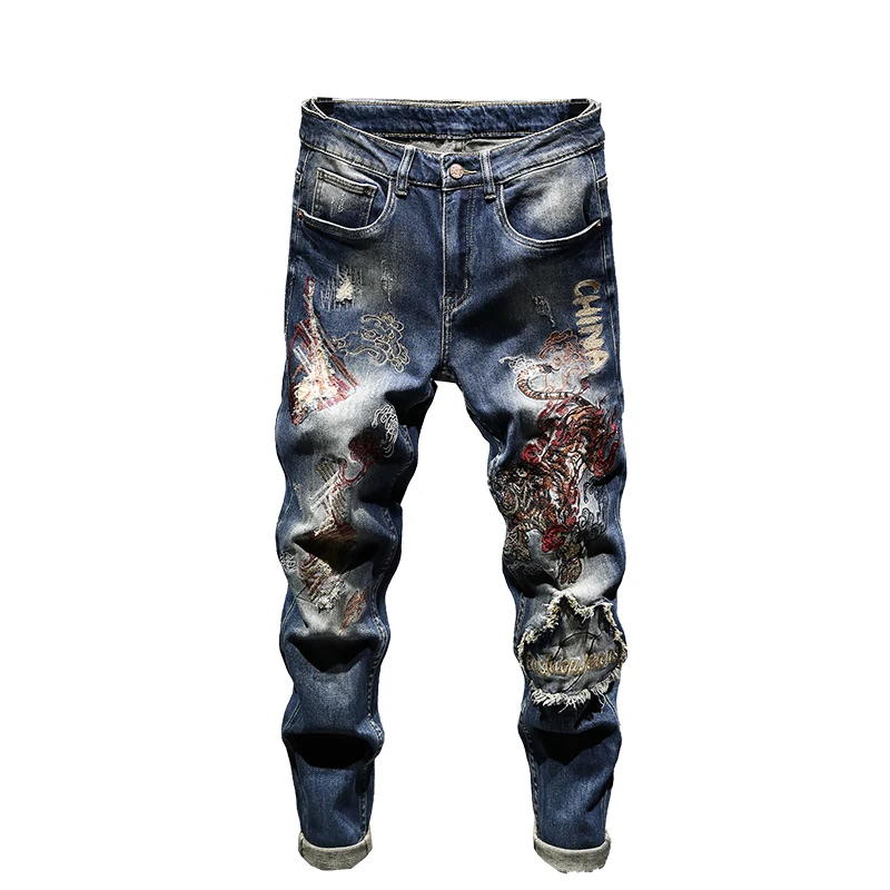 

2024 Spring New Chinese Style Embroidery Men's Jeans Slim Fit Ankle Tight Trousers Youth Street Trend Scratch Pants