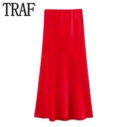 TRAF Red Midi Skirt Woman Autumn High Waist Satin Skirt Stylish Long Skirts For Women Fashion 2023 Elegant Social Women's Skirts