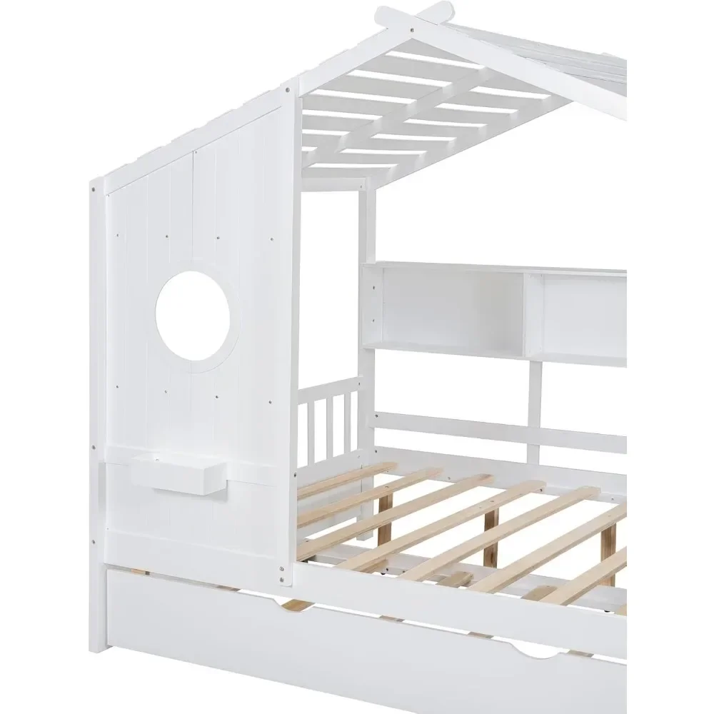 House Platform Bed for Kids Trundle Storage Shelf Wooden Low Bedframe Roof Window Guard Rails White