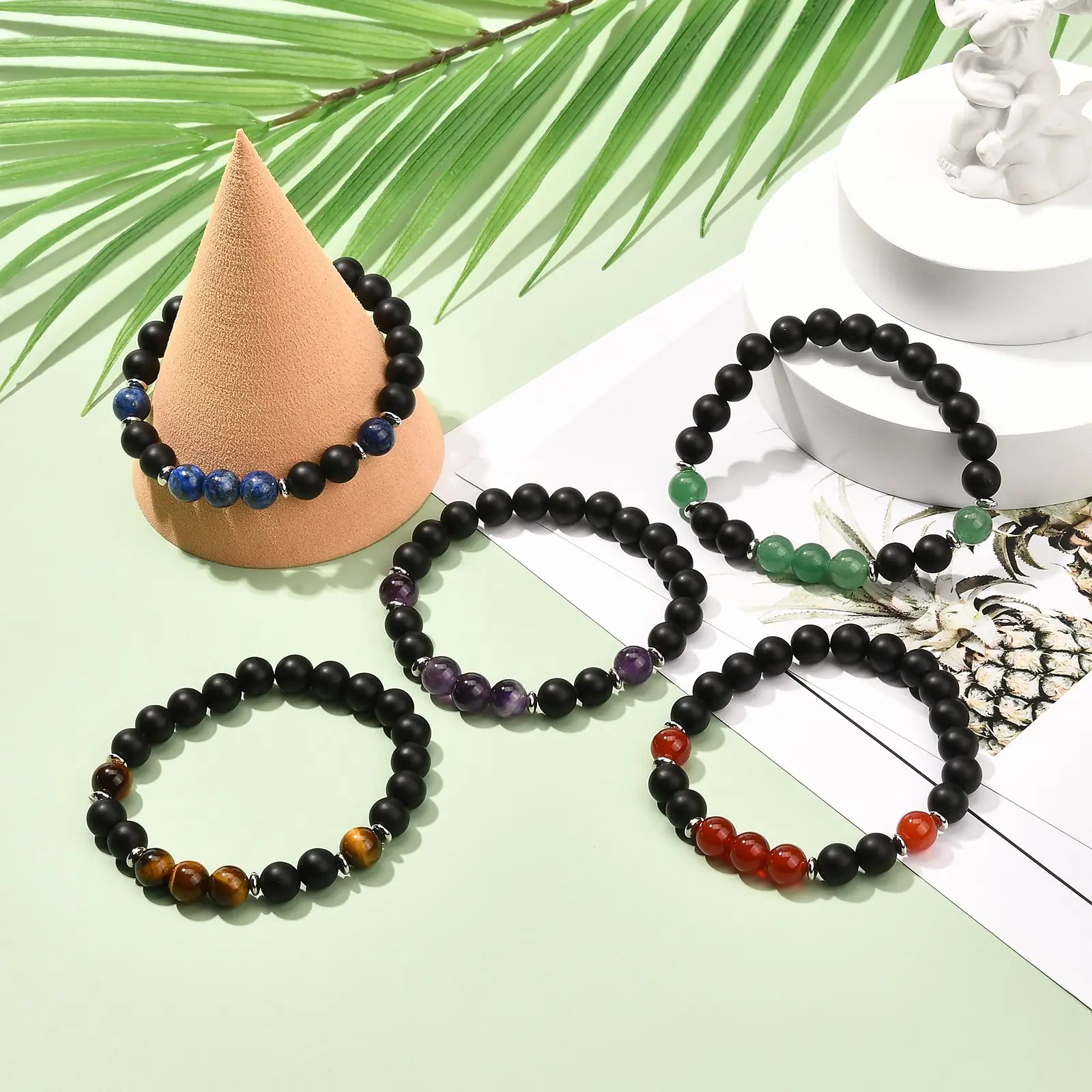 10pcs 8mm Black Round Natural Mixed Stone Beaded Bracelet Sets Elastic Rope Charm Bracelets for Men Women Jewelry Party Gift