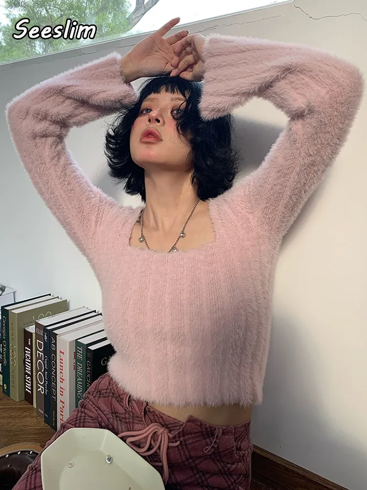 

Женский облегающий пуловер Seeslim Y2k, вязаный укороченный свитер с длинным рукавом и квадратным воротником, дамские Джемперы в Корейском стиле для зимы