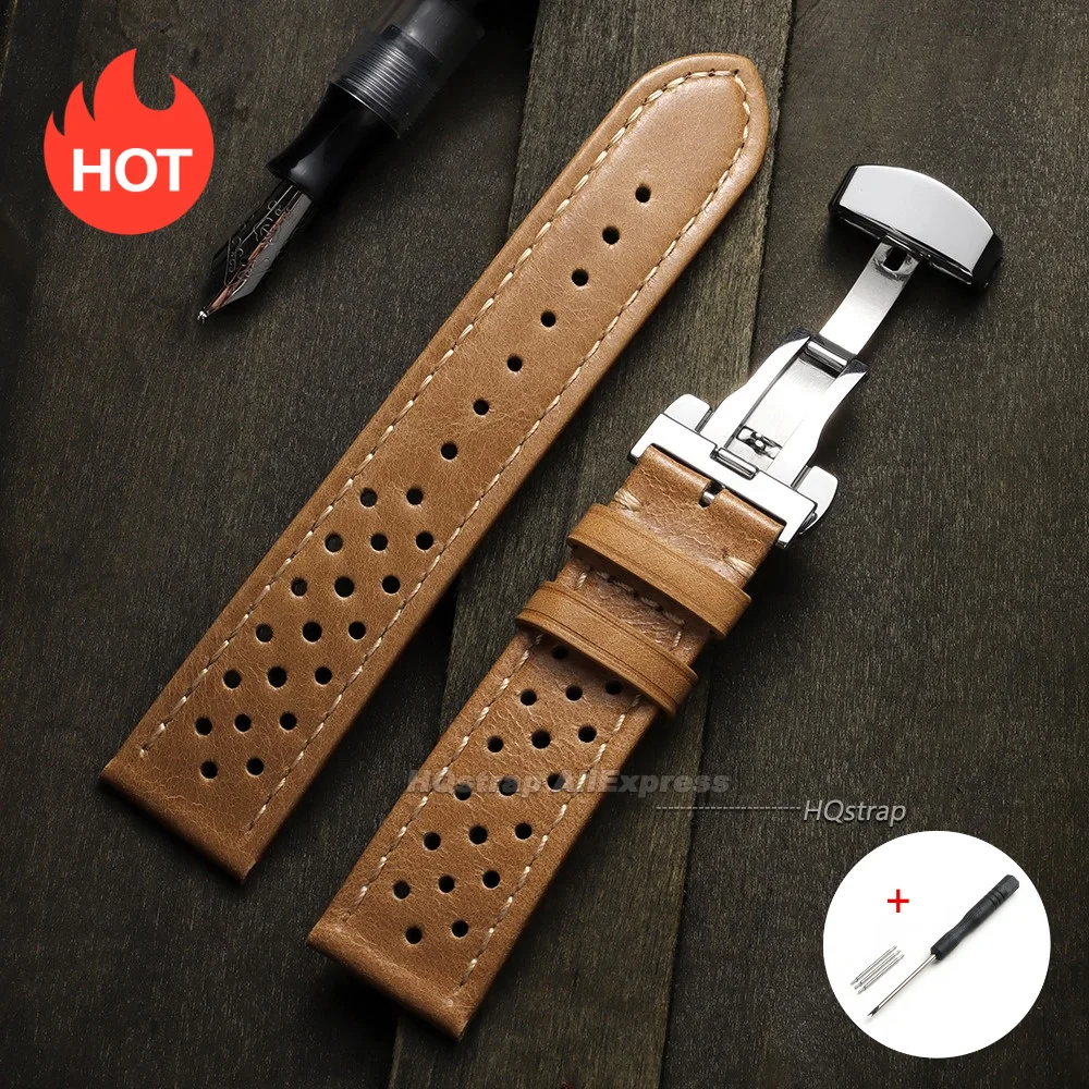 Breathable Leather Watch Strap with Quick Release and Butterfly Buckle