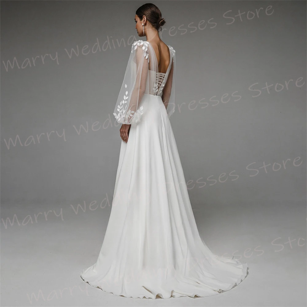 Simple Modern A Line Women's Wedding Dresses Appliques Bride Gowns V Neck Long Puff Sleeve Backless Robe De Mari&eacute;e