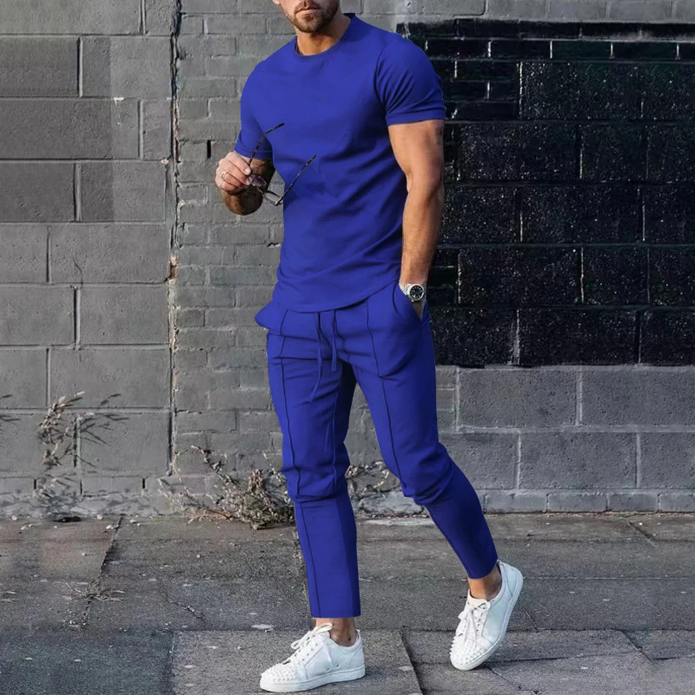Fashion Simple Casual Pants Suit Men's Summer New Round Neck Solid Color Short-sleeved T-shirt Trousers All-match Two-piece Set