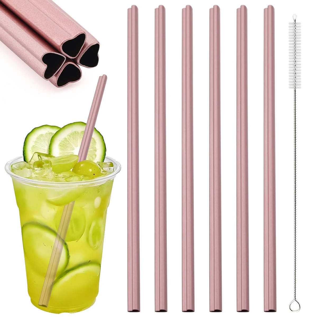 Heart-Shaped Stainless Steel Reusable Straw Set with Cleaning Brush