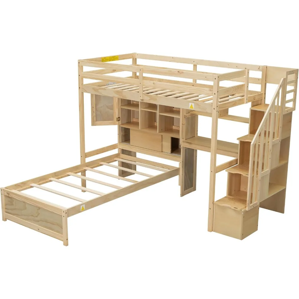 Twin Loft Bed.Twin Over Twin Bunk Beds with Stairs & Desk, Solid Wood Loft Bunk Bed with Storage Stairs Shelves and Drawers, 5