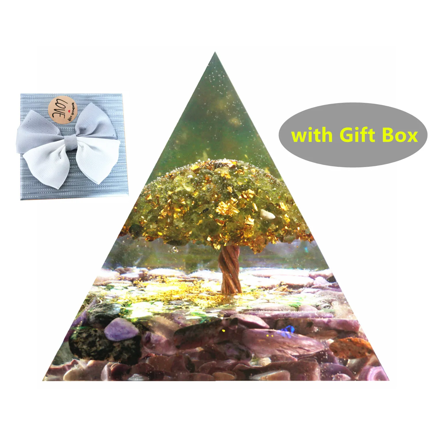 

Tree of Life Orgone Pyramid Energy Chakra Reiki Meditaiton Tool~Peridot With Charoite Natural Crystal Stones