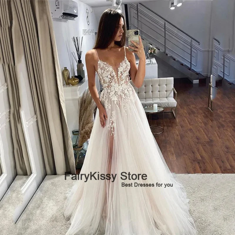 FairyKissy 3D Lace Wedding Dresses A Line Bridal Gowns Sexy V-Neck Spaghetti Straps Wedding Party Gowns 2024 2