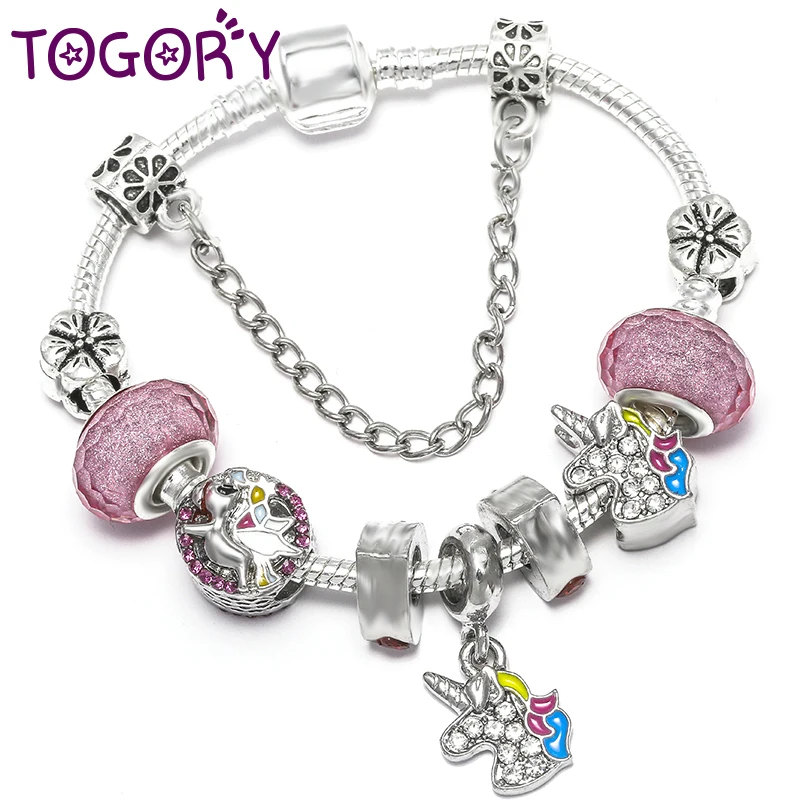 

TOGORY Dropshipping Pink Lovely Animal Pendant Beads Charm Bracelets For Women Kids Cartoon Style Brand Bracelets Children Girls