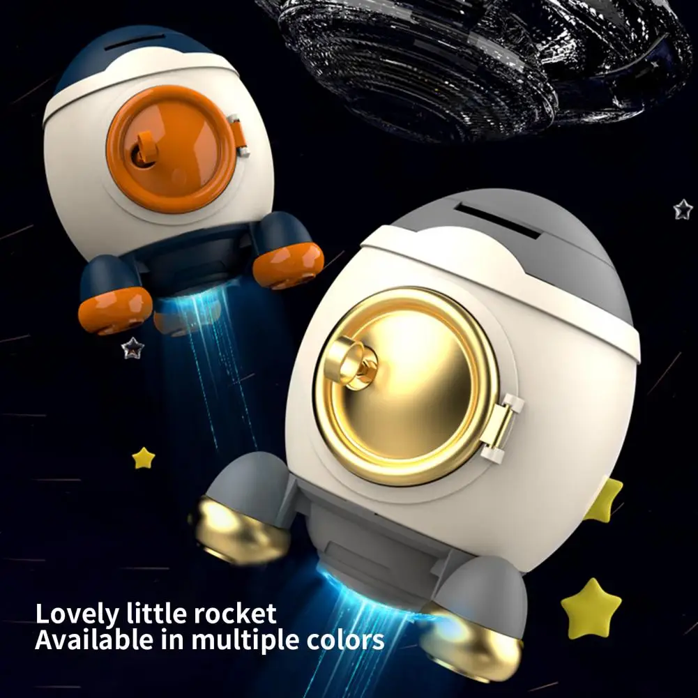 1 Set Money Bank Large Capacity Cartoon Sticker Money Saving Key Unlock Kids Piggy Bank Rocket Shape Money Holder Home Supplies 3