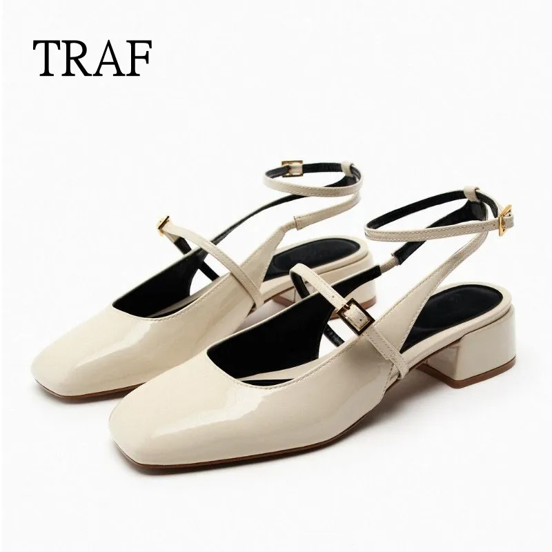 

TRAF White Women Pumps Mary Jane Heels 2023 Summer Ankle Straps Strappy Square toe Heels Vintage Slingback Heels Cute Shoes