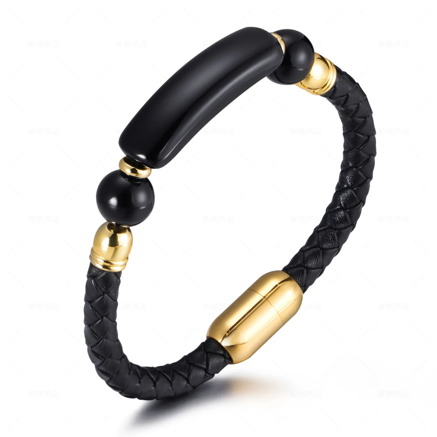 

Simple Hand Woven Cow Leather Braided Bracelet for Men Titanium Stainless Steel Natural Stone Beaded Jewelry