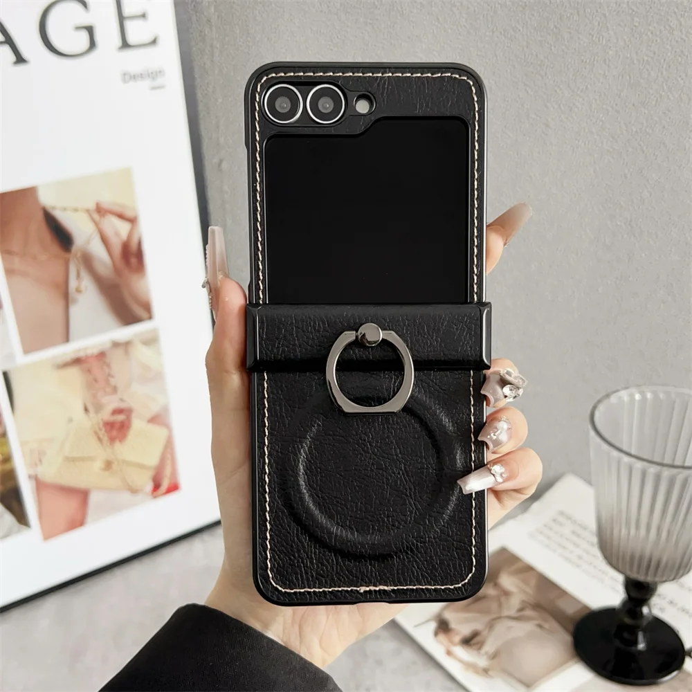 Luxury Lychee Pattern Leather MagSafe Wireless Charging Case with Ring Holder and Hinge Cover