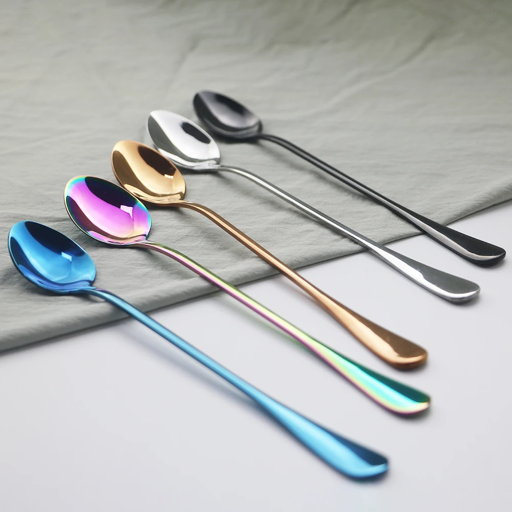 4Pcs Blue Long Handle Spoon Cutlery Set Stainless Steel Dinnerware Dessert Ice Cream Coffee Spoon Stirring Party Tableware