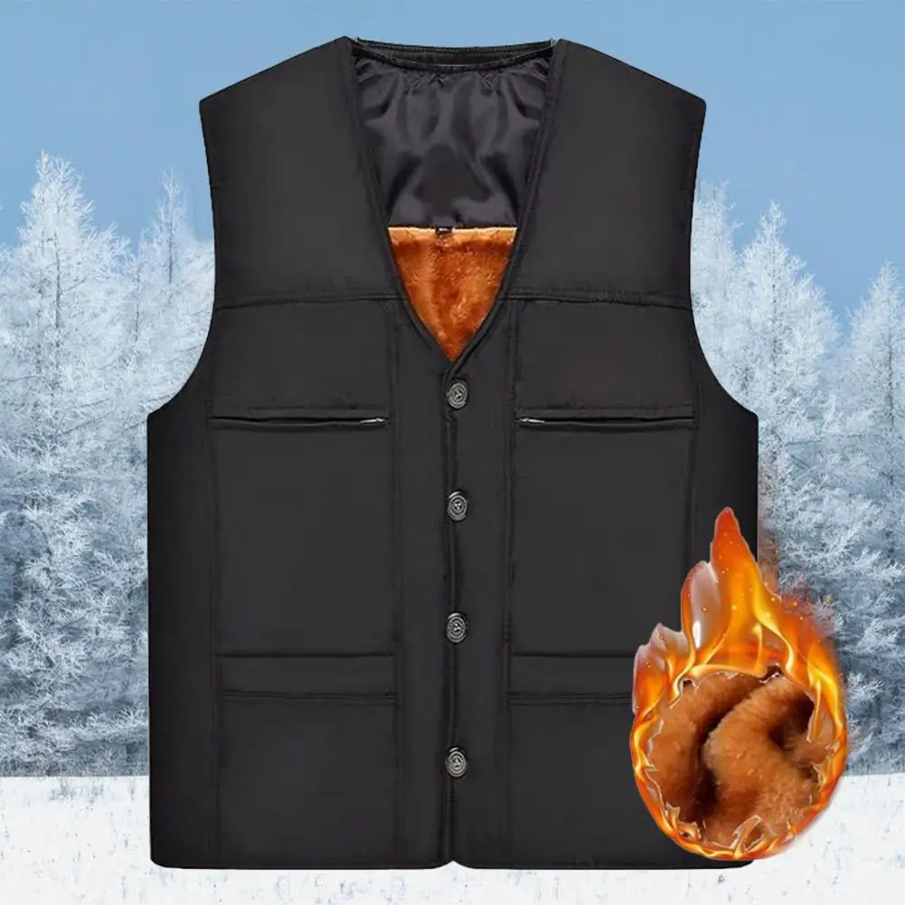 Men's Vest Thick Cotton Cardigan Keep Warm Windproof Top Jacket Middle-aged Men Winter Plus Velvet Vest Loose Sleeveless Coat