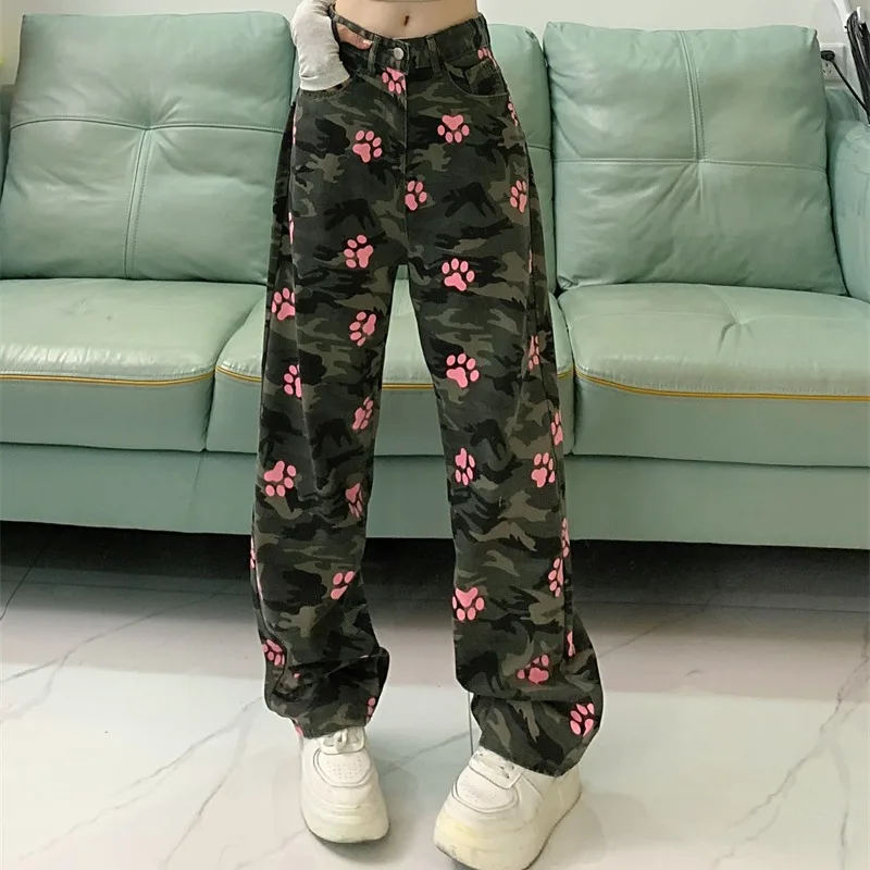 Spring Autumn Women's Button Zipper Pockets Camouflage Geometric Cartoon Print Straight Leg Casual Sports Fashion Trousers Pants