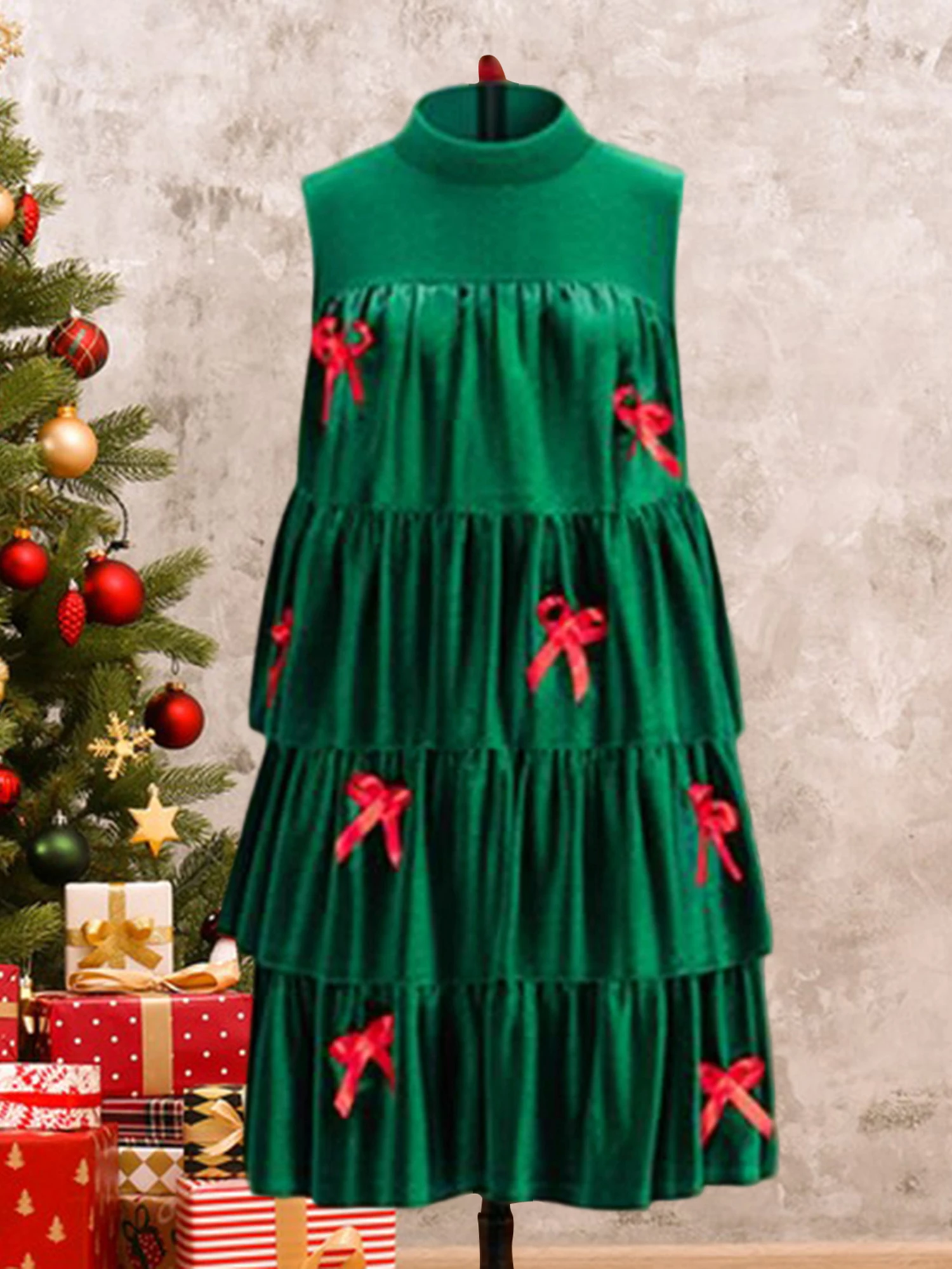 Women s Festive Holiday Dress Elegant Flowy A-Line Silhouette with Charming Bow Detail and Flirty Ruffled Hemline