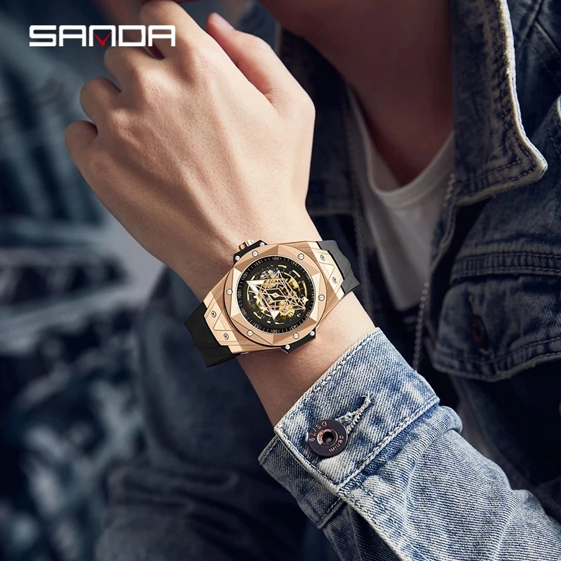 SANDA Fashion Rose Gold Case Cool Dial Automatic Mechanical Watch Real Men's Watch Luminous 50M Waterproof Fashion Watch 7014
