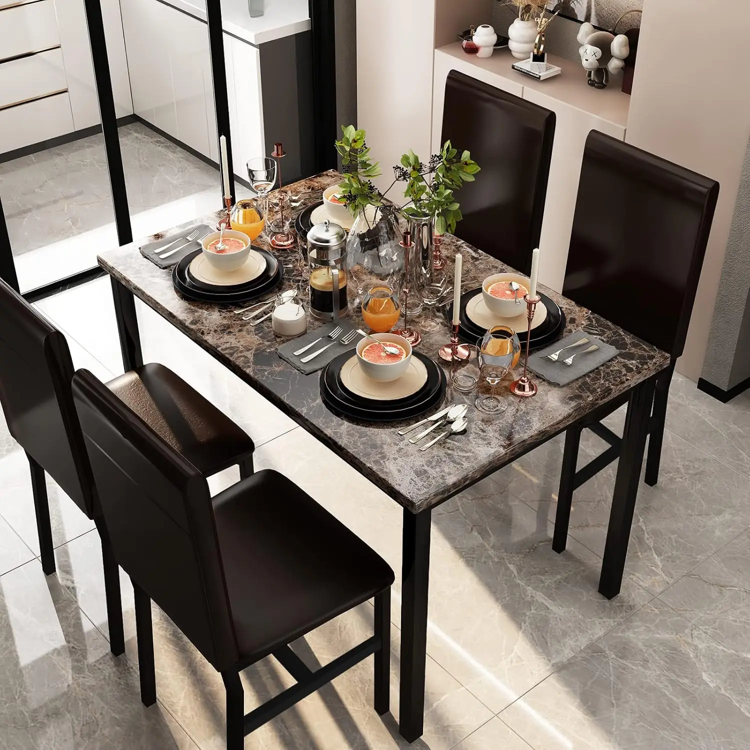 NEW5 Piece Dining Table Set for 4,Faux Marble Kitchen Table and Chairs for 4, Dining Room Table Set with Chairs, Brown 3