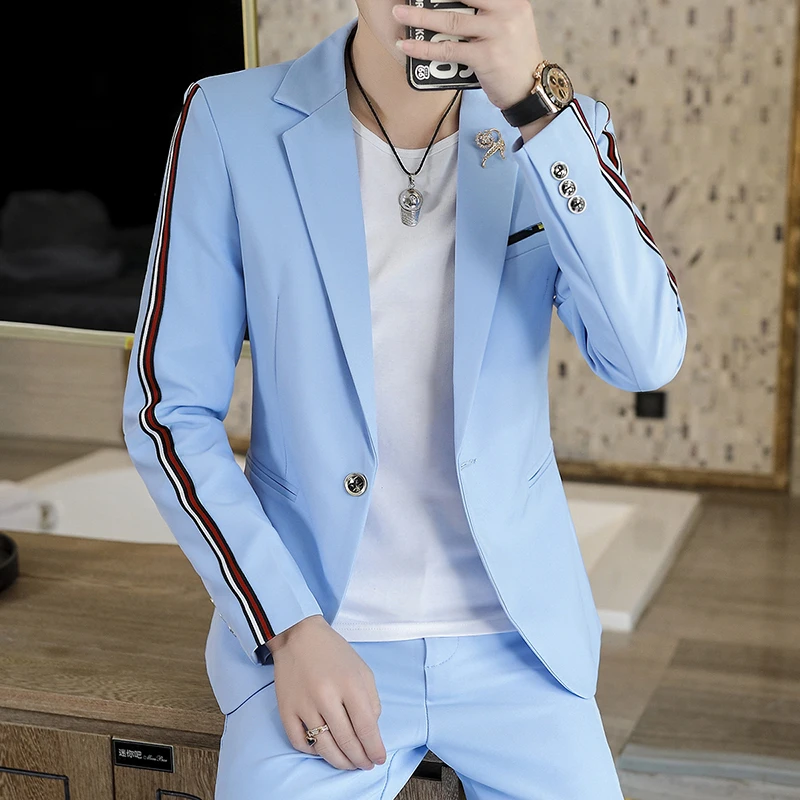 봄 2025 남성 슬림 피트 한국 스타일 정장과 바지 투피스 세트 세련된 잘 생긴 헤어 스타일리스트 Social Guy M-4XL