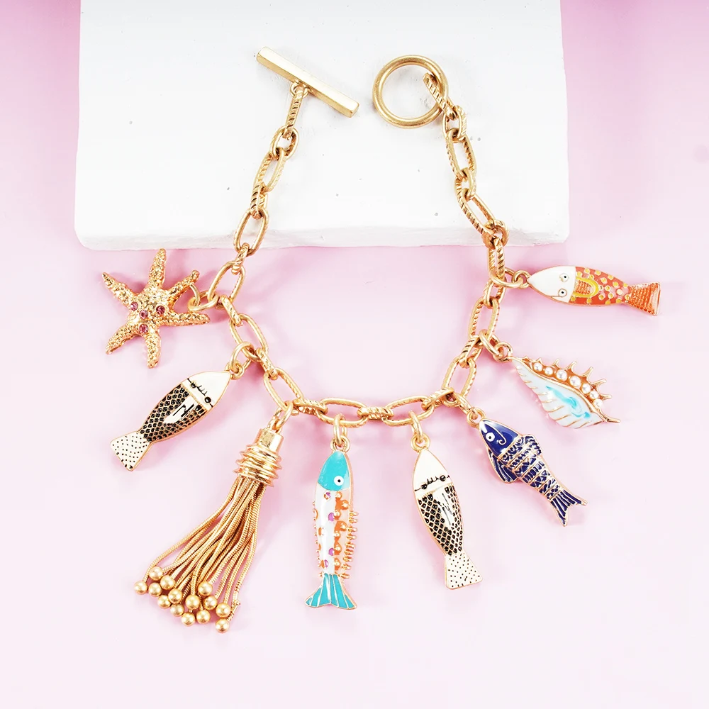Bohemia Ocean Beauty Charms Bracelet Pulseras Bangle Hand Enamel Fishes Conch Seastar Tassel Pendants Toggle