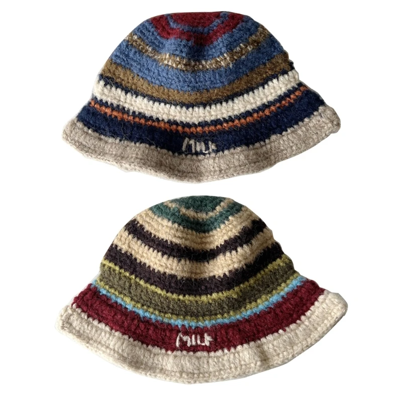 

Knit Bucket Hat Sweet Girl Fisherman Hat Pilling Resistant Colorful Striped Hat