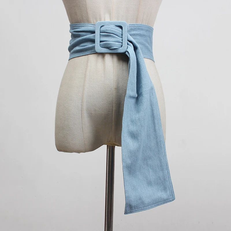 [EAM]  Blue Denim Big Buckle Irregular Split Joint Long Wide Belt Personality Women New Fashion Tide All-match Spring 2026 1Y100
