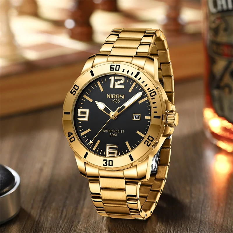 NIBOSI New Gold Quartz Watch for Men Sports Stainless Steel Waterproof Luminous Classic Mens Watches Top Brand Luxury Wristwatch