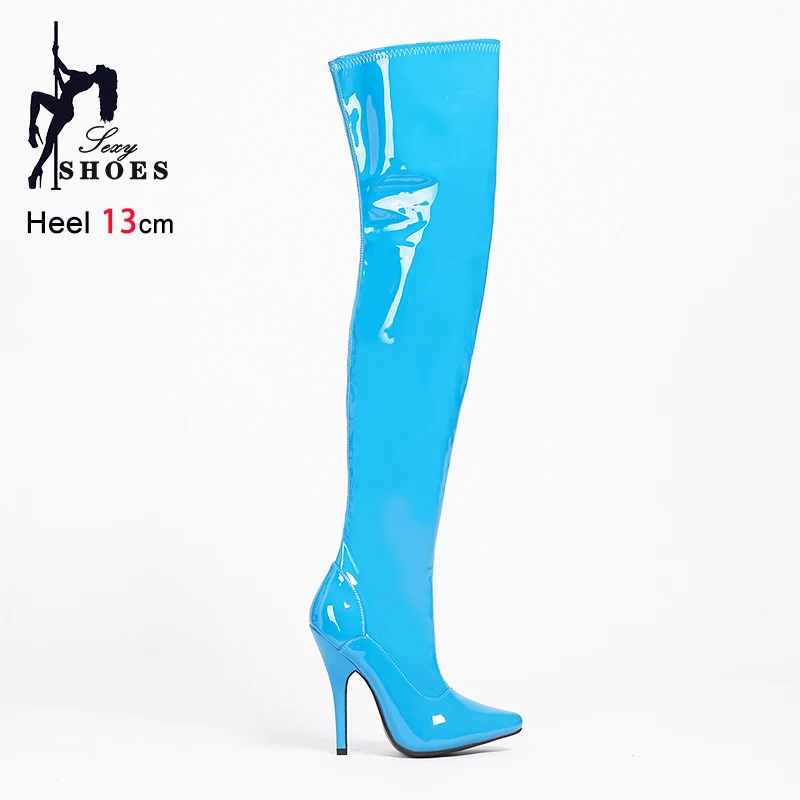 Blue Thigh High Boots Nightclub Dance Shoes 13CM Thin High Heels Sexy Women's Pointed Toe Over The Knee Long Boots Big Size 46