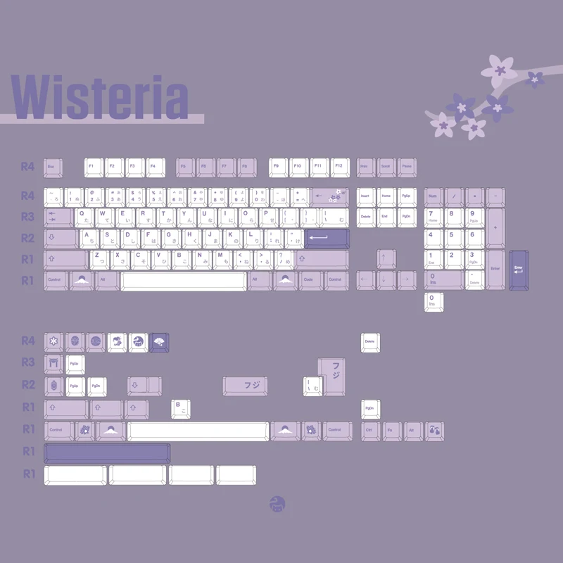 GMK Wisteria Keycaps, PBT 5 Lados, Dye Subbed, Teclado mecânico personalizado, 64, 68, 96, 980, Perfil cereja, 1 Set