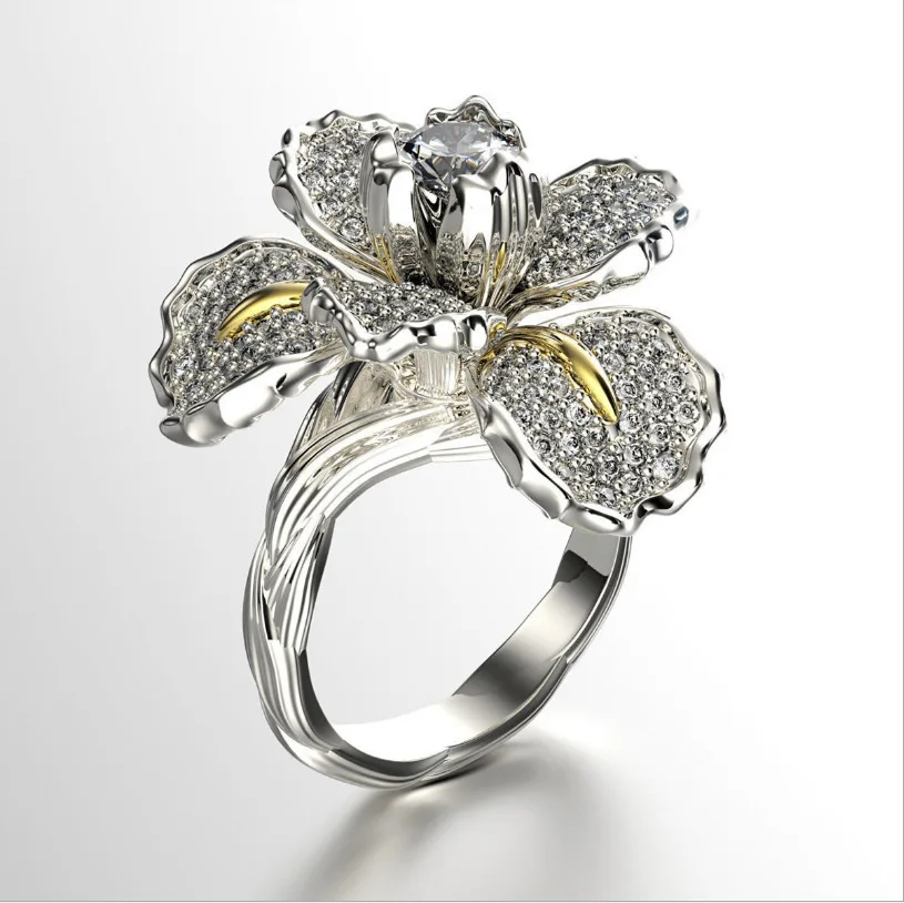 Wholesale Diamond Iris Two Tone Ring Blue Topaz Flower Engagement Cocktail Accessories