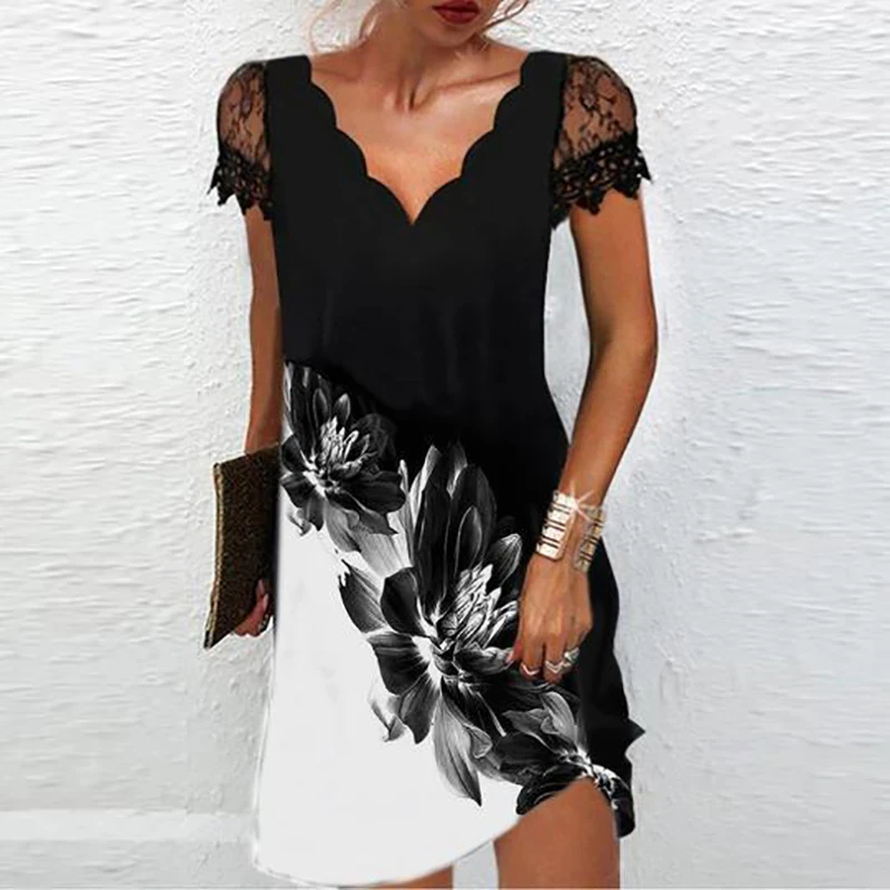 summer dresses Women Elegant Dresses 2022 New Sexy V Neck Lace Sleeves Solid Black Short Dress Summer Ladies Short Sleeve Printed Party Dress fancy dress