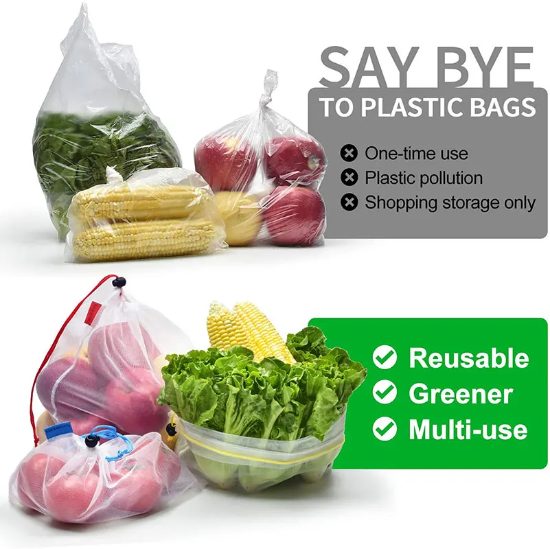 Set of 5 Eco-Friendly Reusable Mesh Produce Bags for Fruits and Vegetables