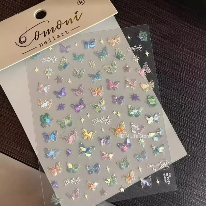 1Sheet Pink Purple Aurora Shell Butterfly Nail Stickers Shiny Laser 3D Butterflies Nail Decals Facial stickers