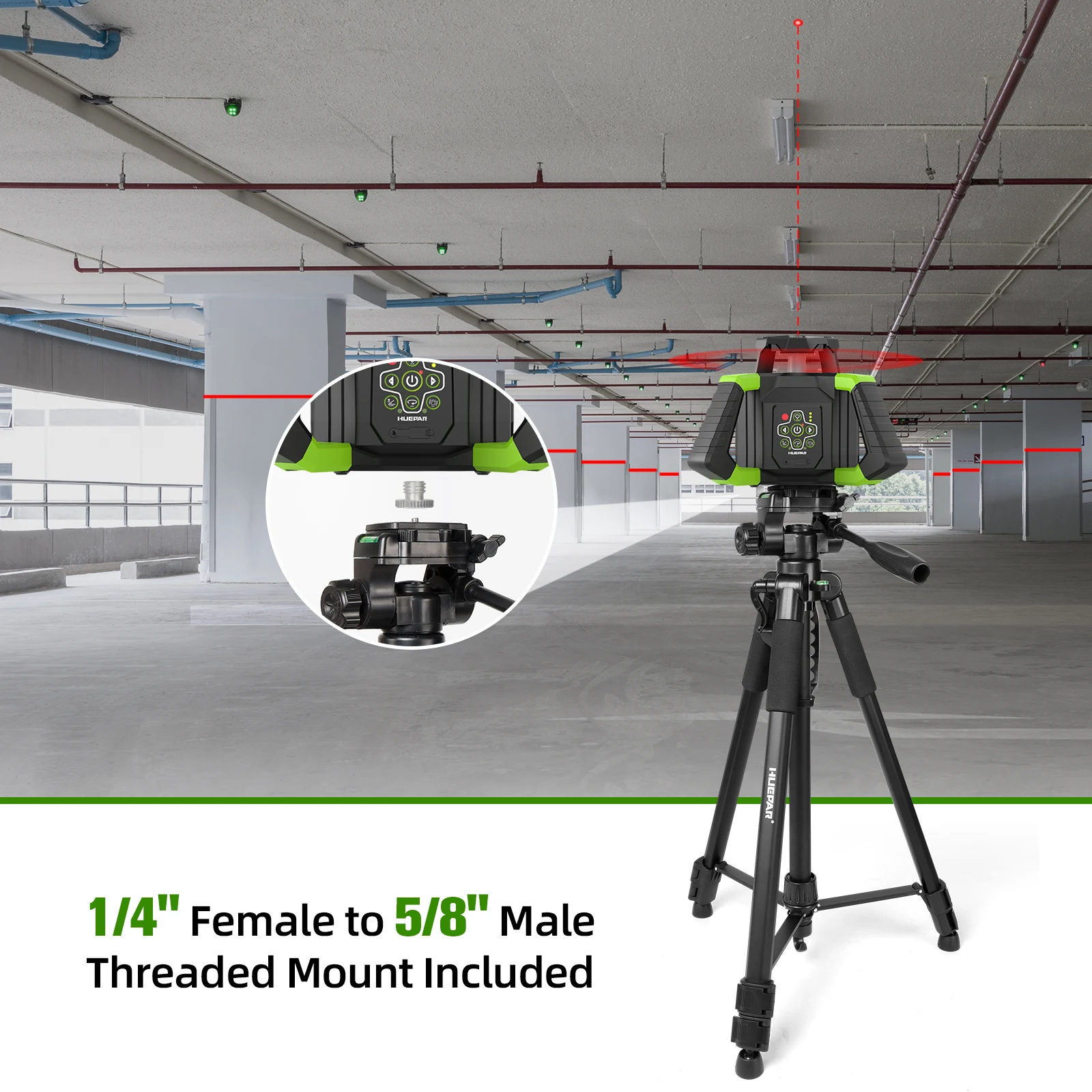 Huepar Tripod For Laser Level 1.6M/62.99'' Stand Adjustable Height With Swivel P