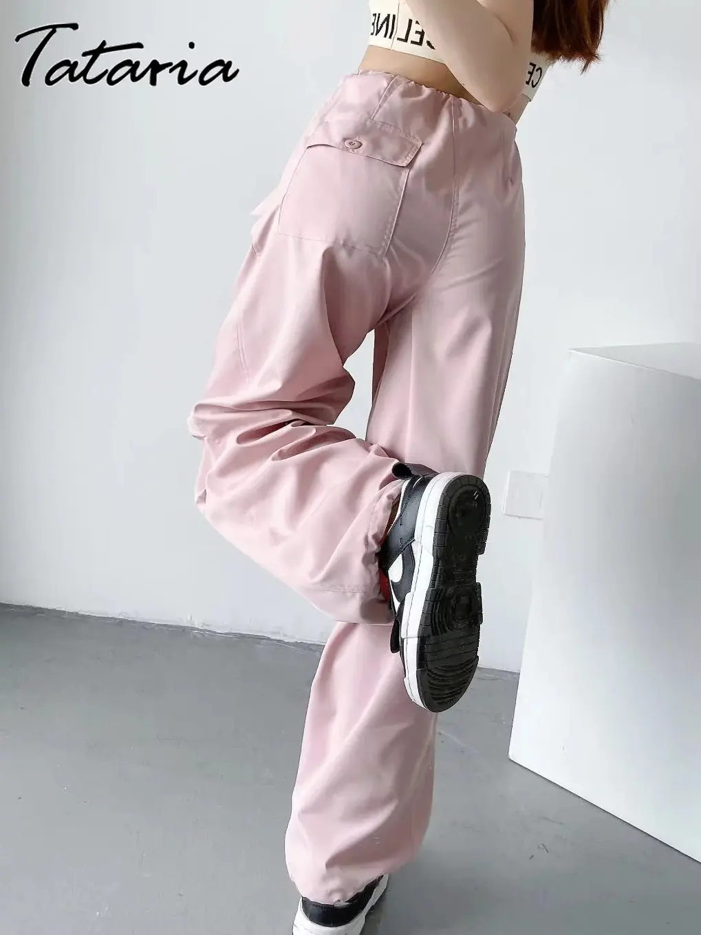 Pantalones Cargo con cordón para mujer, Pantalón ancho, holgado, con  bolsillo, color rosa, para correr, 2023 - AliExpress