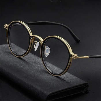 Japanese Pure Handmade Titanium Eyeglasses Acetate Round Glasses Frame Men Women Circle Spectacle Ultralight Eyewear Top Quality